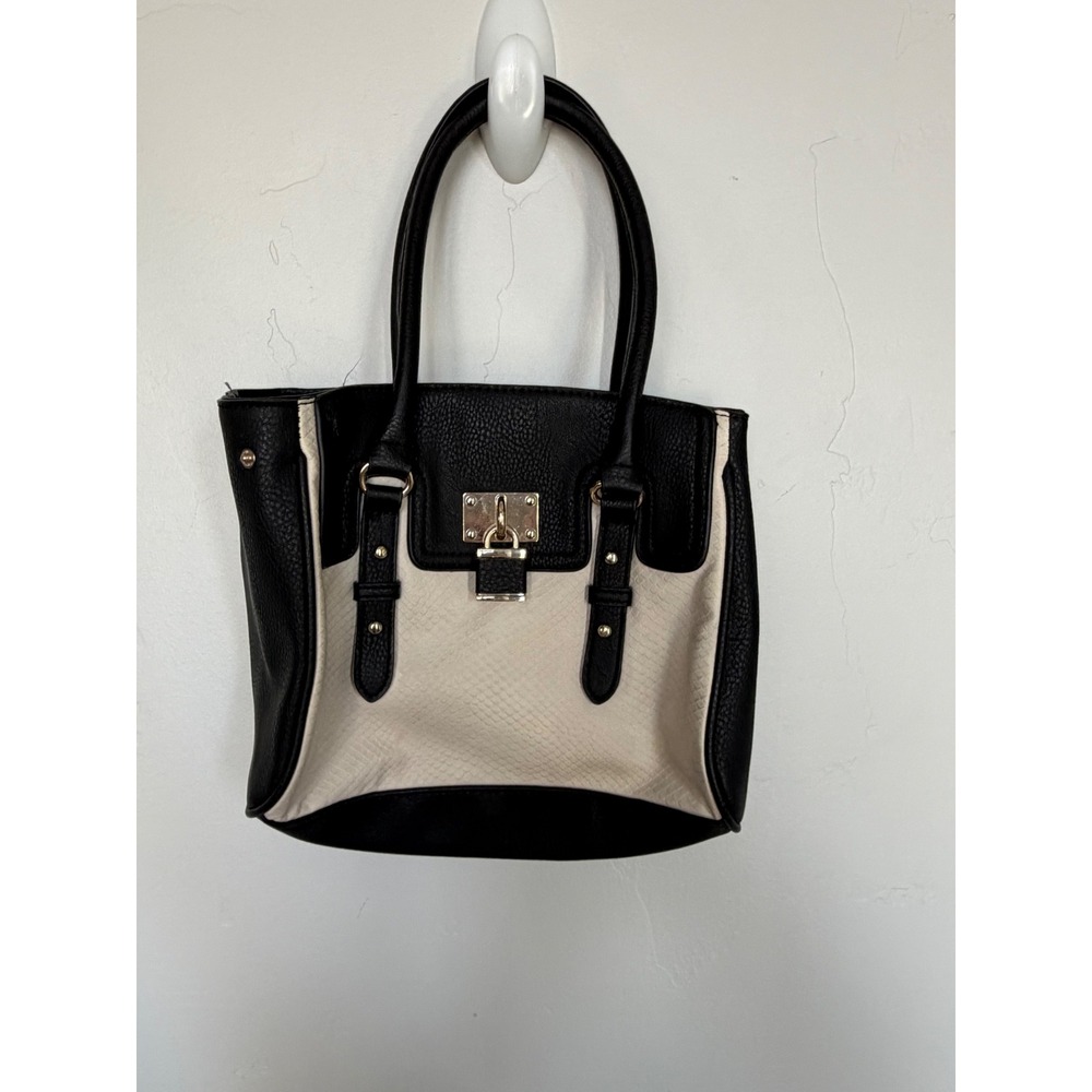 Mossimo Black Cream Snakeskin Embossed Tote Bag Gold Padlock Detail Handbag